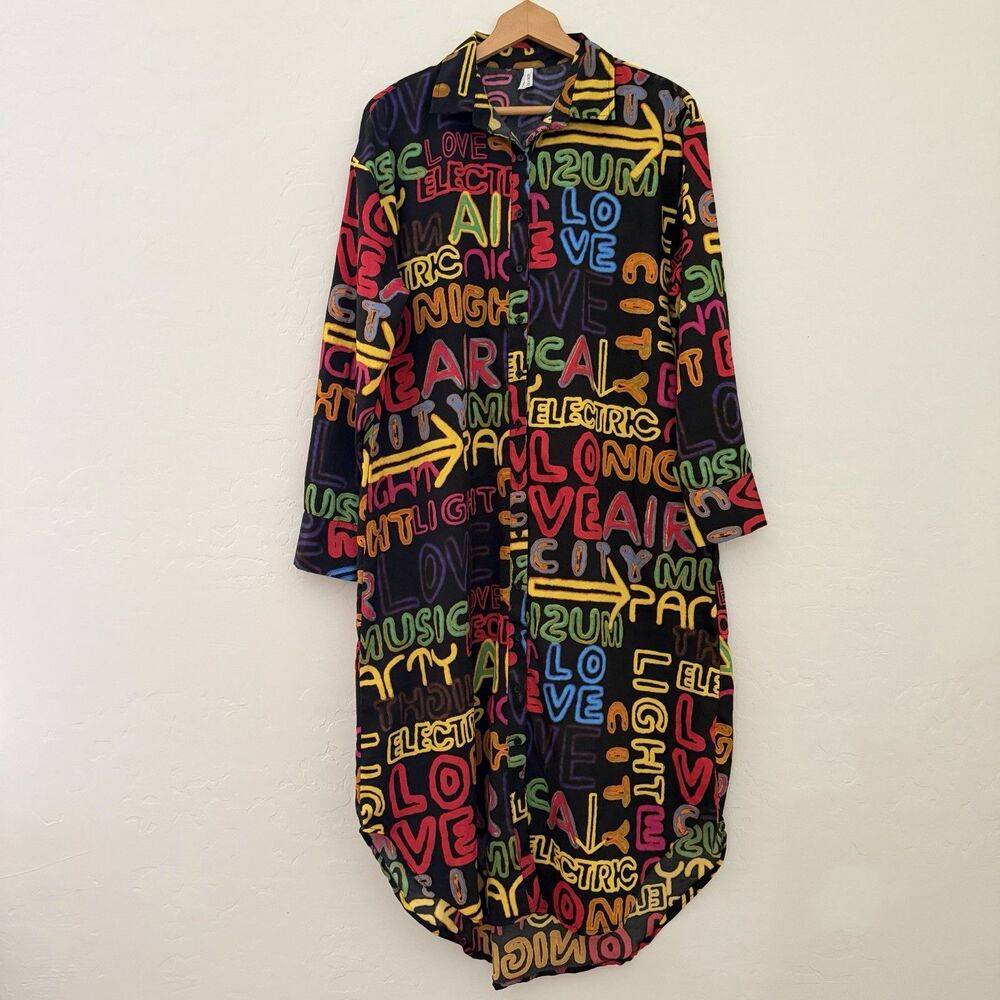 Live 4 Truth Shirt Dress L Graffiti Typography Maximalist Artsy Long Button Down
